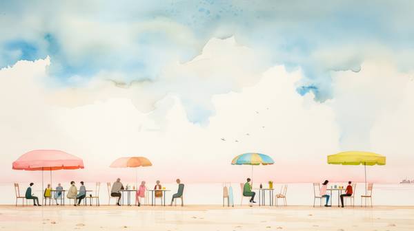 Bunte Aquarelle mit Menschen unter Sonnenschirmen in einem Restaurant am Strand. von Miro May