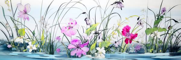 Farbenfrohe Blüten und zarte Wasserpflanzen schmücken den See im japanischen Stil, eine idyllische K von Miro May
