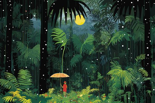 Mädchen mit Schirm im Wald beim Vollmond. Traumhafte Landschaft. Verträumtes Mädchen von Miro May