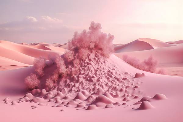 Rosa Düne, futuristische Landschaft mit rosa Sand, Fantasielandschaft, Rosa Landschaft mit Berg und  von Miro May
