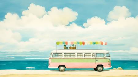 Bunte Aquarelle mit einem VW Bus am Strand. Roadtrip 2023