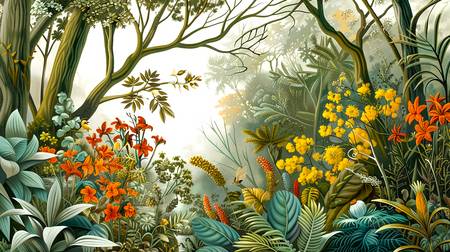Bunte und exotische Blumen in einem tropischen Regenwald. Florale Landschaft 2024