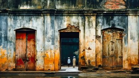 Menschen in der Altstadt von Hanoi. Alte Wände in Vietnam. 2023