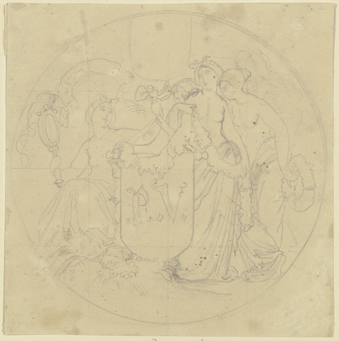 Drei allegorische Frauengestalten umgeben einen Wappenschild mit den Initialen des Künstlerkollegen  von Moritz von Schwind