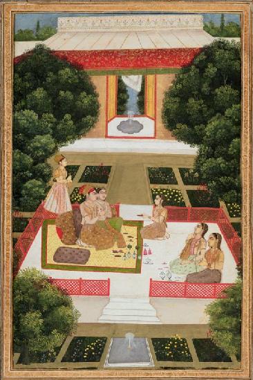 A couple in a garden listening to music with female attendants, from the Small C