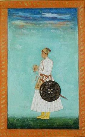 A young nobleman of the Mughal court holding a sealed brocade envelope,  from the Large Clive Album c.1670-80