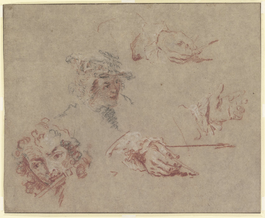 Kopf eines Flötisten, Kopf eines jungen Mannes mit flachem Barett, drei Hände, zwei Zeichenstift und von Nicolas Lancret