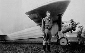Charles Lindbergh American aviator in front of his plane Spirit of Saint Louis taking off from Roose May 20, 19