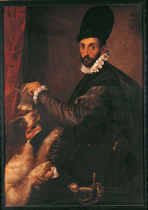 Portrait gentleman dog sword decorated hilt mantle cloak collar 15C gorget curtain cloth headdress h von 