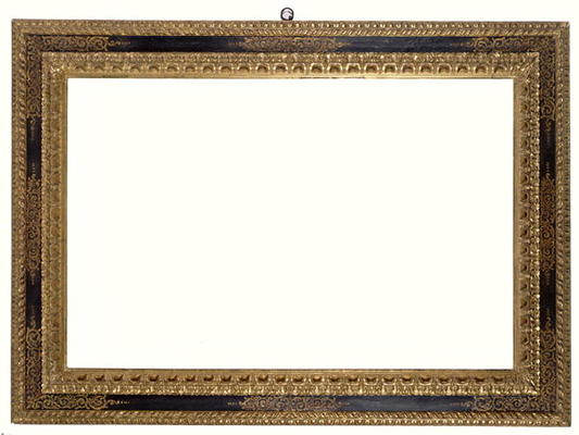 Venetian 17th century carved and gilded frame with a painted black centre and ornate gilt floral pai von 