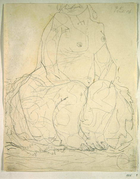 Woman sitting on the ground, wearring a petticoat, head cut off above the nose, 1906, (no 2) (pencil von 
