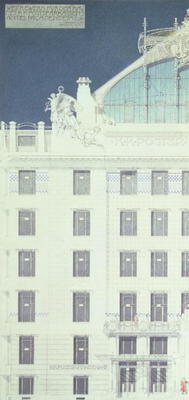 Post Office Savings Bank, Vienna, design showing detail of the facade, c.1904-06 (coloured pencil) von Otto Wagner