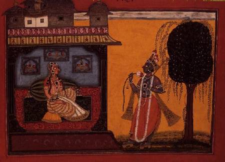 Krishna presenting a lotus to Radha, from Bhanudatta's 'Rasamanjari', Basohli, Himachal Pradesh von Pahari School
