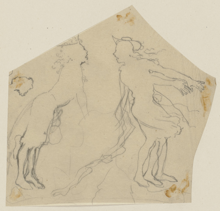 Der Löwe sowie Francis Flute als Thisbe (?) mit Hut und vom Wind bewegtem Rock, stehend, nach rechts von Paul Konewka