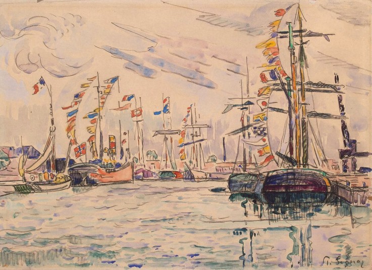 Segelboot mit Flaggen am Pier von Saint-Malo von Paul Signac