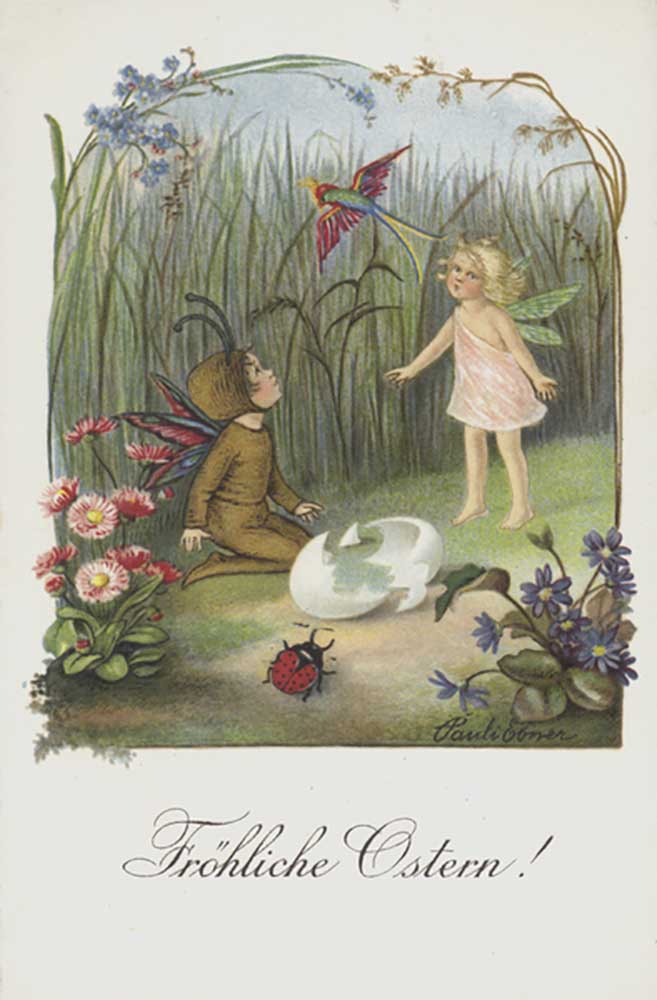 Ostern-Grußkarte, die zwei Feen in einem Frühlingsgarten darstellt. von Pauli Ebner