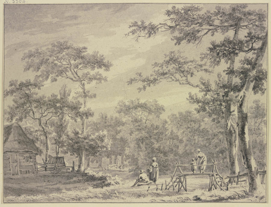 Waldlandschaft, links ein Haus, rechts ein Steg über welchem eine Frau ein Kind führt von Paulus van Liender