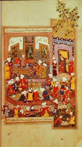 Ulugh Beg (1393-1449) dispensing justice at Khurasan, illustration from the 'Shahnama' (Book of King 1486