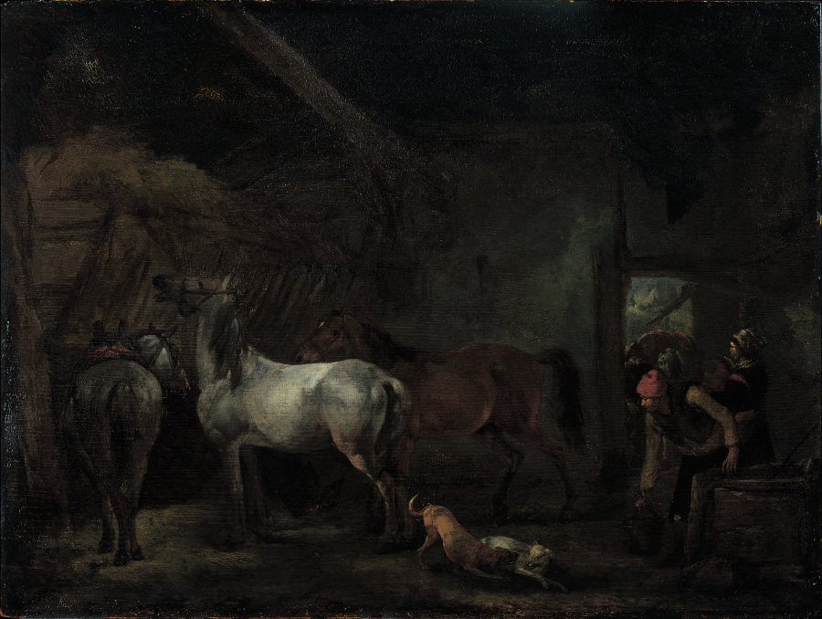 Stall mit drei Pferden von Philips Wouwerman