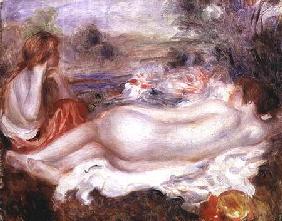 Bather reclining and a young girl doing her hair 1896