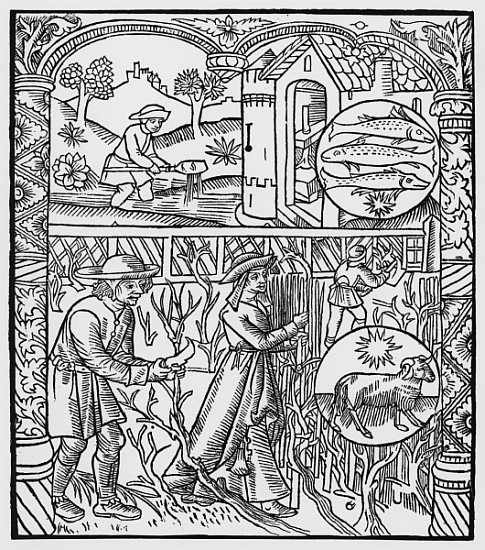 March, fishing and pruning trees, Pisces, illustration from the ''Almanach des Bergers'', 1491 (xylo von Pierre Le Rouge