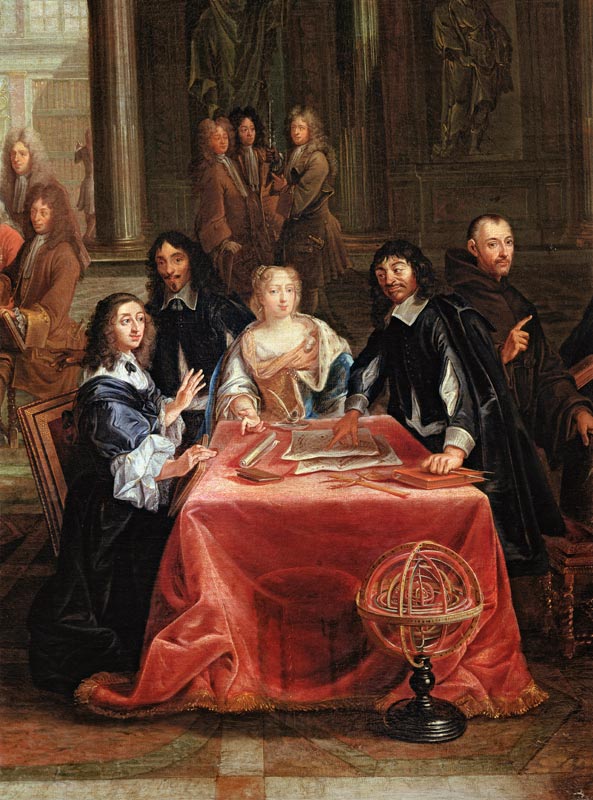 Christina of Sweden (1626-89) and her Court: detail of the Queen and Rene Descartes (1596-1650) von Pierre-Louis the Younger Dumesnil