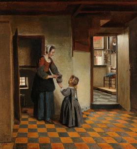Frau mit einem Kind in einer Speisekammer Um 1656-60