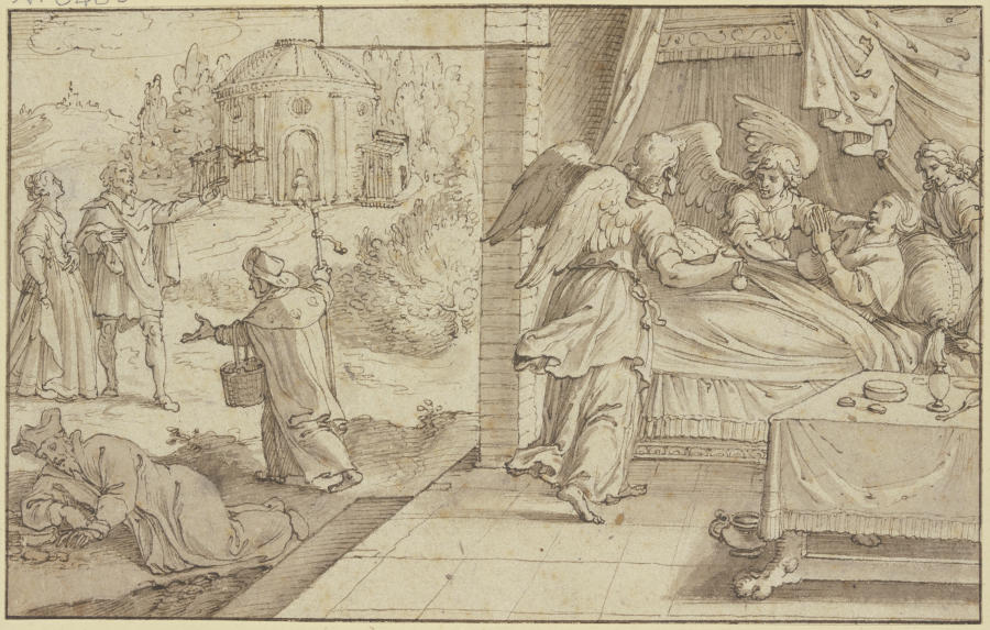 Eine Heilige krank im Bette liegend, von Engeln getröstet von Pieter de Jode I