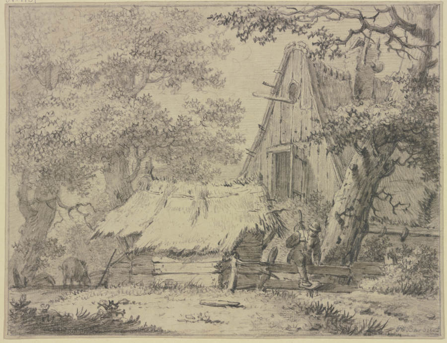Ein Bauernhaus im Walde, ein Mann steigt über den Zaun von Pieter Pietersz. Barbiers