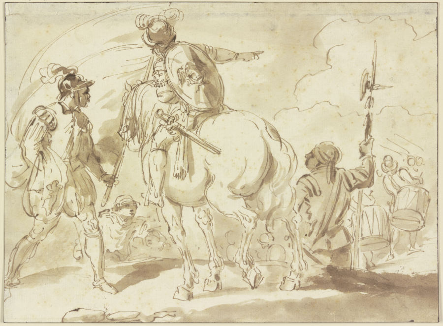 Ein Fahnenträger, ein Reiter und ein Helebardier, in der Ferne zwei Trommler von Pietro Palmieri d. Ä.