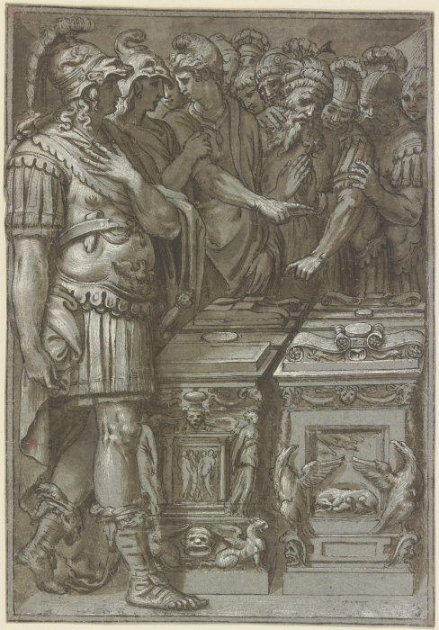 Alexander der Große mit vielen Personen bei zwei Altären stehend von Polidoro da Caravaggio