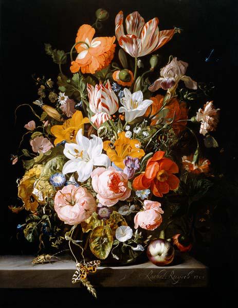 Stillleben mit Rosen, Lilien, Tulpen und anderen Blumen in einer Glasvase 1704
