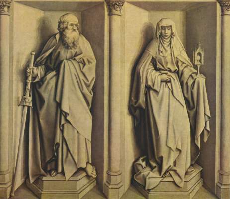 Altar des Stabwunders und der Vermählung Mariae, Rückseite - Der hl. Jakob der Ältere und die hl. Kl von Robert Campin