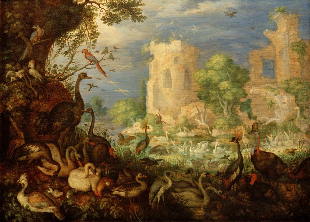 Exotische Vögel in einer Landschaft mit Teich und Ruinen mit der Entführung des Ganymed von Roelant Jakobsz Savery