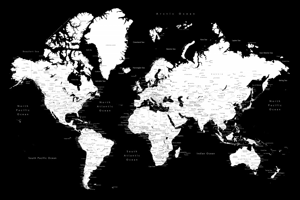 Schwarz-weiße Weltkarte mit Städten,Connie von Rosana Laiz Blursbyai