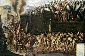 Montezuma (1466-1547), captured by the Spaniards, pleads with the Aztecs to surrender as they attack 17th