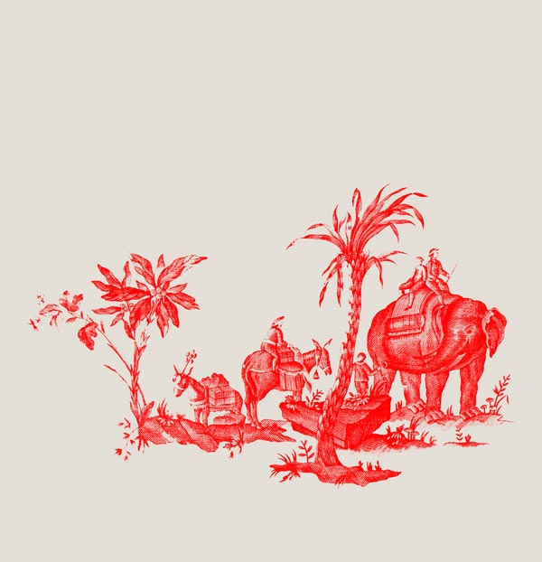 Wandflies Elefant-Motiv in Rot von Toile-de-Jouy -Tapeten