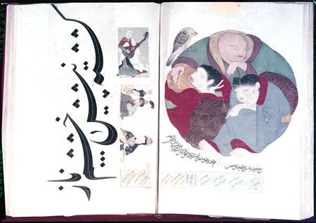 Album 2160 People sleeping and calligraphy, from an album of miniatures von Turkish School