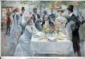 'In a restaurant in the Bois de Boulogne in Paris', late 19th century (colour litho) 1865