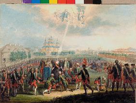 Die jubelnde Begrüssung der Katharina II. von dem Ismailowski-Regiment am Tag der Palastrevolution a