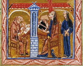Hildegard empfängt im Beisein ihres Sekretärs Volmar und ihrer Vertrauten Richardis eine Vision