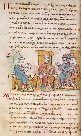 Kaiser Johannes I. Tzimiskes empfängt die Botschafter von Swjatoslaw I. Igorewitsch. (Aus der Radziw