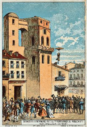 Lenormand springt mit seinem Fallschirm vom Turm des Observatoriums von Montpellier 1783