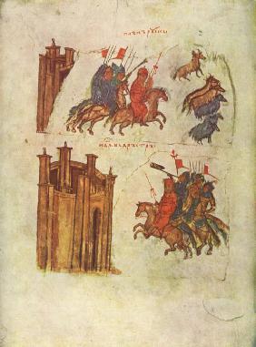 Russusche Invasion und die Belagerung von Dorostolon durch Johannes Tzimiskes (Miniatur der Manasses