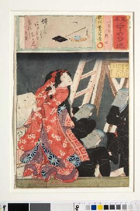 Maskierte Puppenspieler des bunraku bei einer Aufführung von Fräulein Yaoya Oshichi (Aus der Serie I 1856