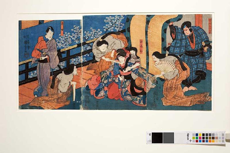 Die Palastdamen quälen die eifersüchtige Omiwa (Aus dem Kabuki-Schauspiel Chronik der Frauen von Imo von Utagawa Kuniyoshi