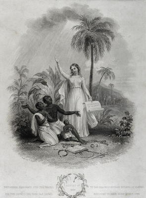 Britannia Giving Freedom to Poor African Slaves, engraved by J. Bridgens, 1838 (engraving) von W. Green