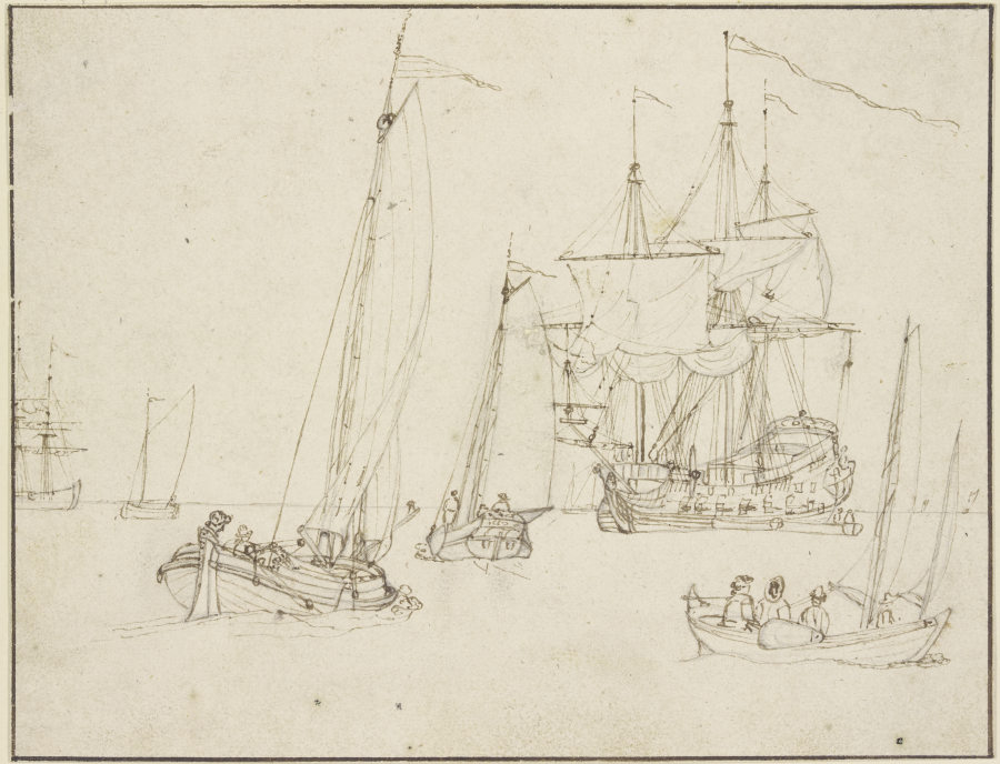 Ein Kriegsschiff, umgeben von drei Segelbooten, in der Ferne noch mehrere andere Schiffe von Willem van de Velde d. J.