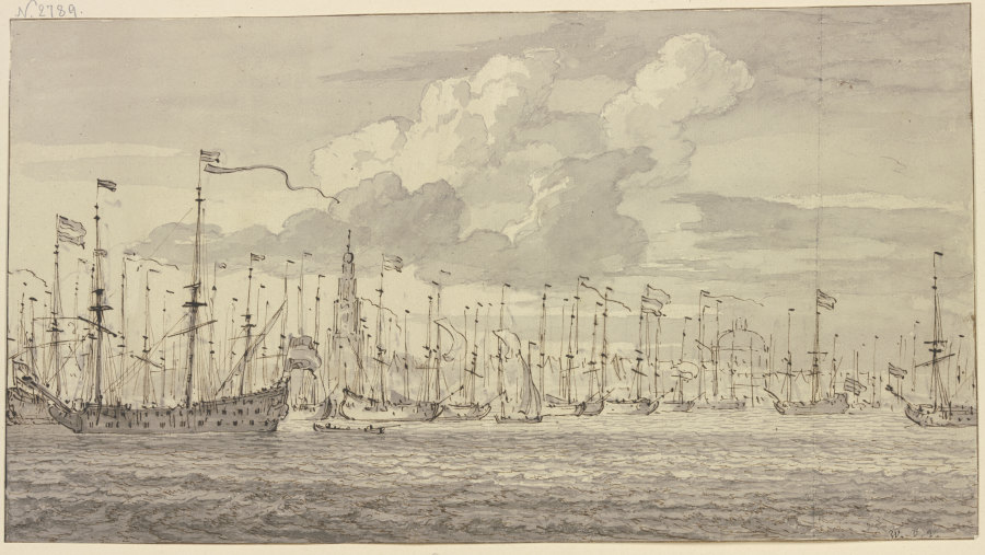 Eine in der Reihe liegende Flotte vor Amsterdam von Willem van de Velde d. J.